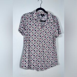 Jones New York Women's Geometric Button Collar Shirt - Beige, salmon, navy. EXC